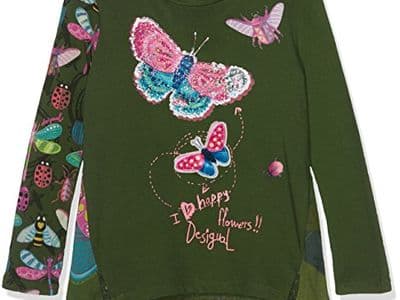 T-shirt Desigual pour fille avec papillons paillettes vert kaki